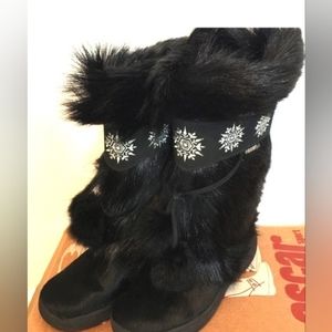 NWOT.OscarSport Women's Handmade Wedge  Wool-Lined Goat Fur and Calfskin Boots